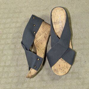 Esprit Wm Sz 10 Wide Blue X-Strap Elastic Studded Cork Wedge Platform Heels
